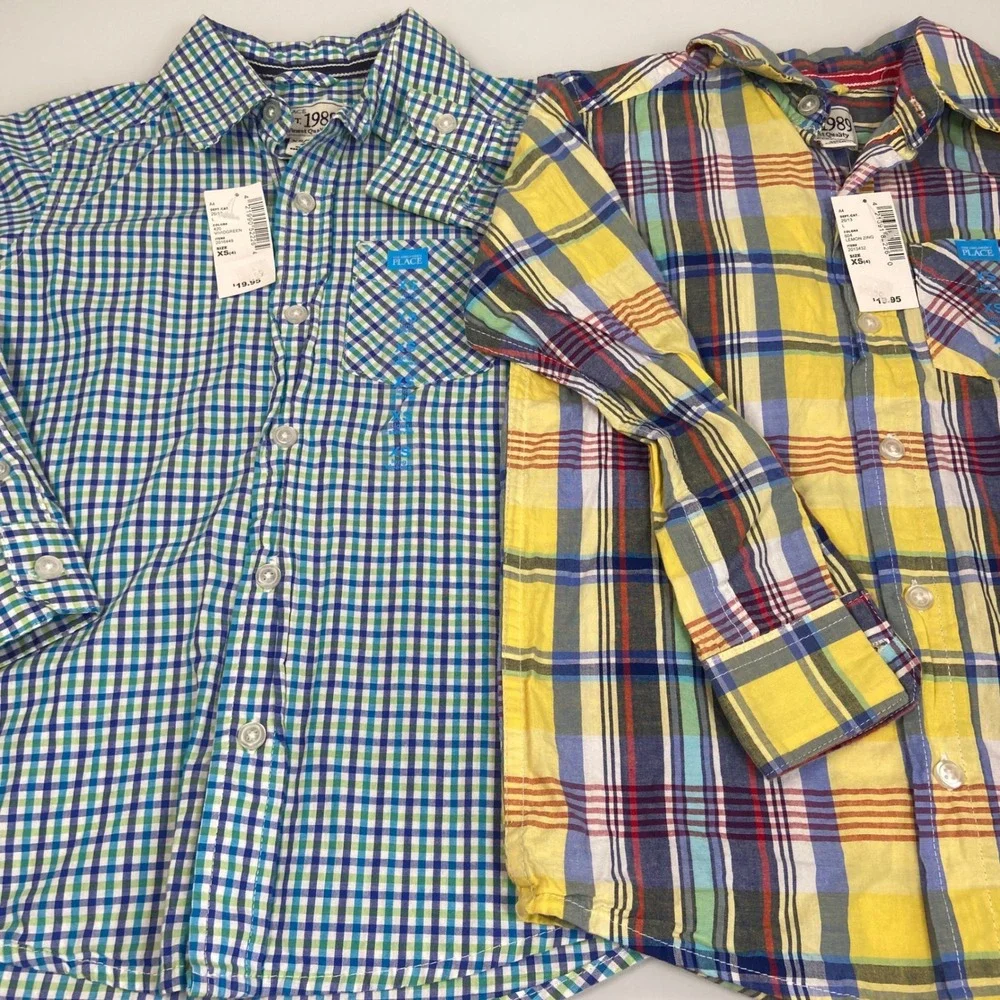 The Childrens Place Boy XS 4 Multicolor Plaid Gingham Button Down Shirts NWT 2pk